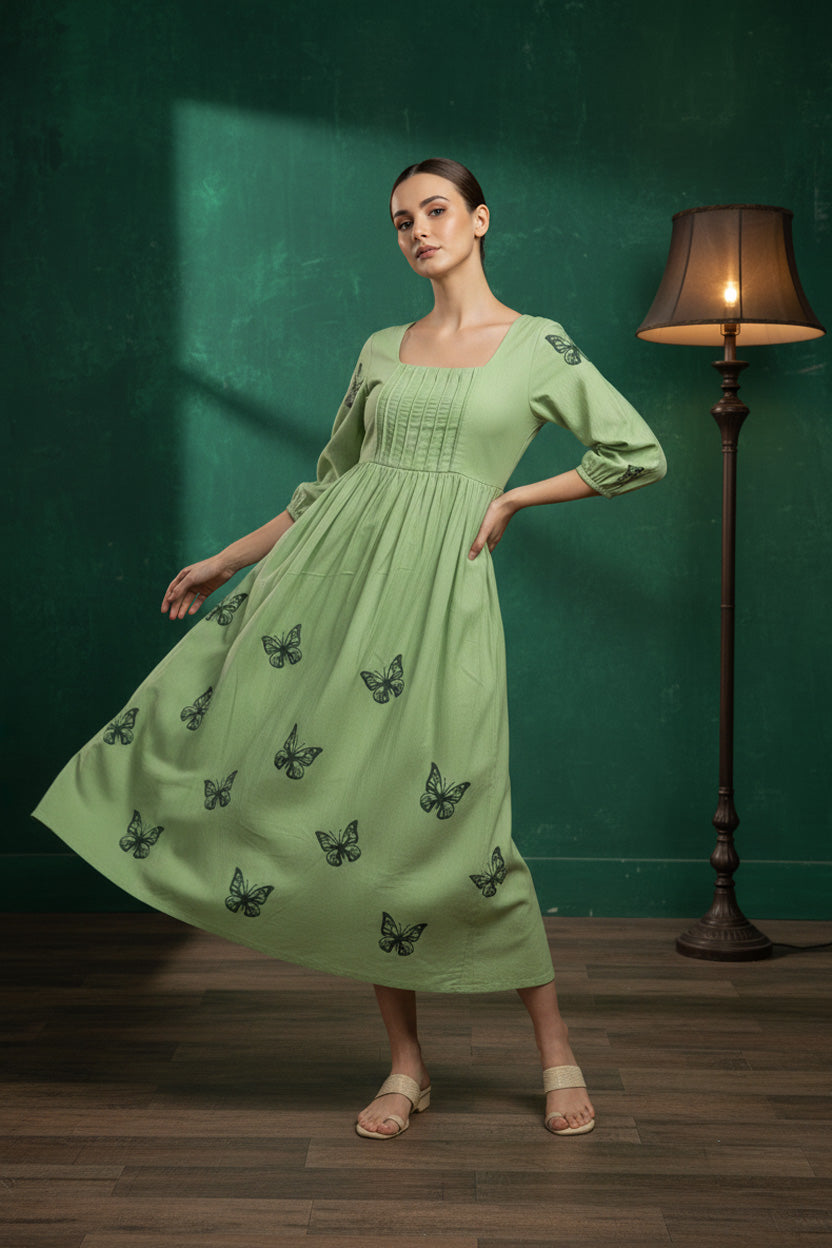 Sage Green Bloom Printed Midi Dress