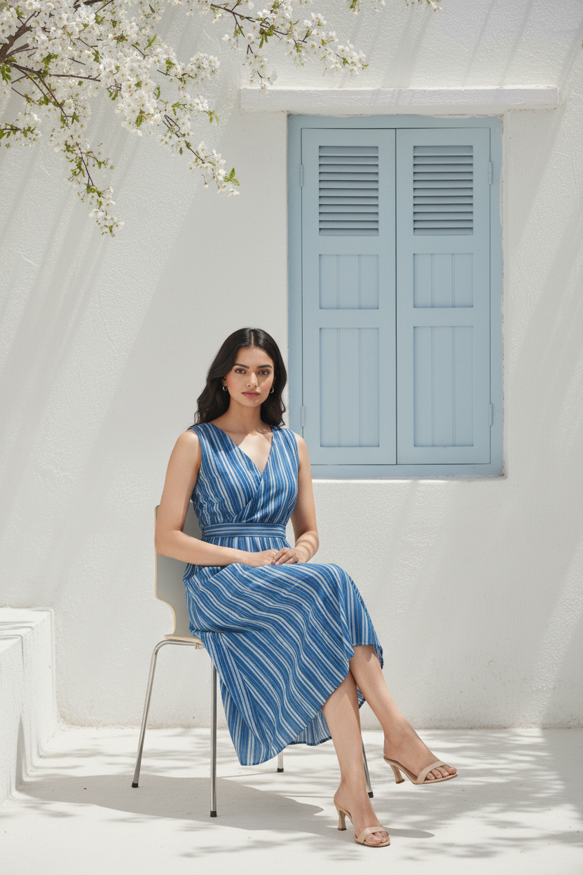 Blue Striped Midi Dress