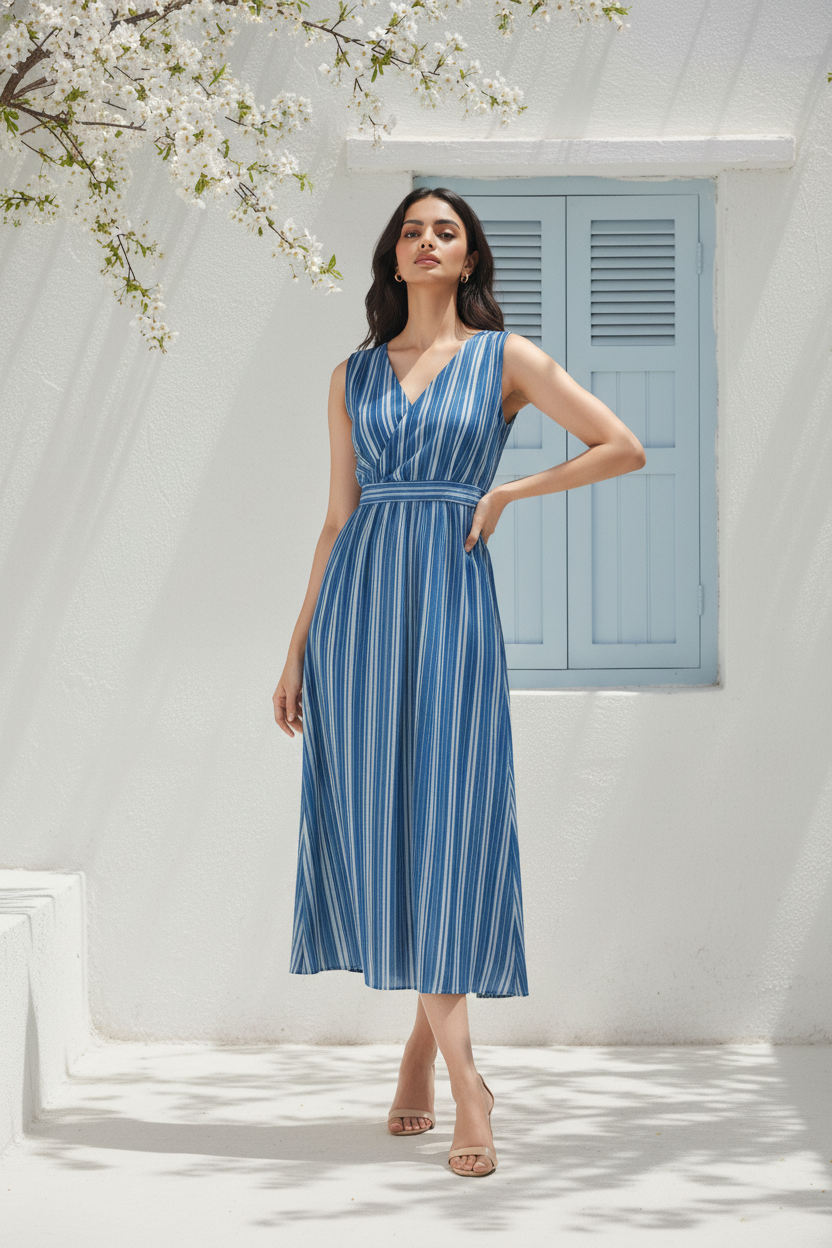 Blue Striped Midi Dress