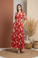 Red Floral Midi Dress
