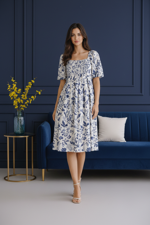 Midnight White Bloom Cotton Midi Dress