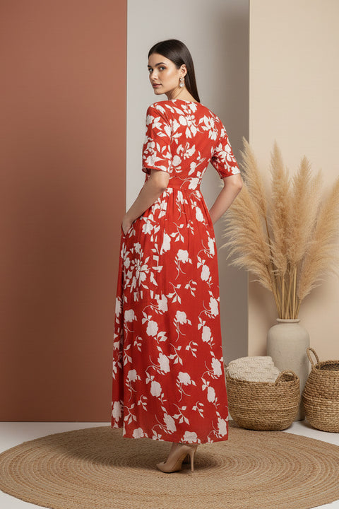 Red Floral Midi Dress