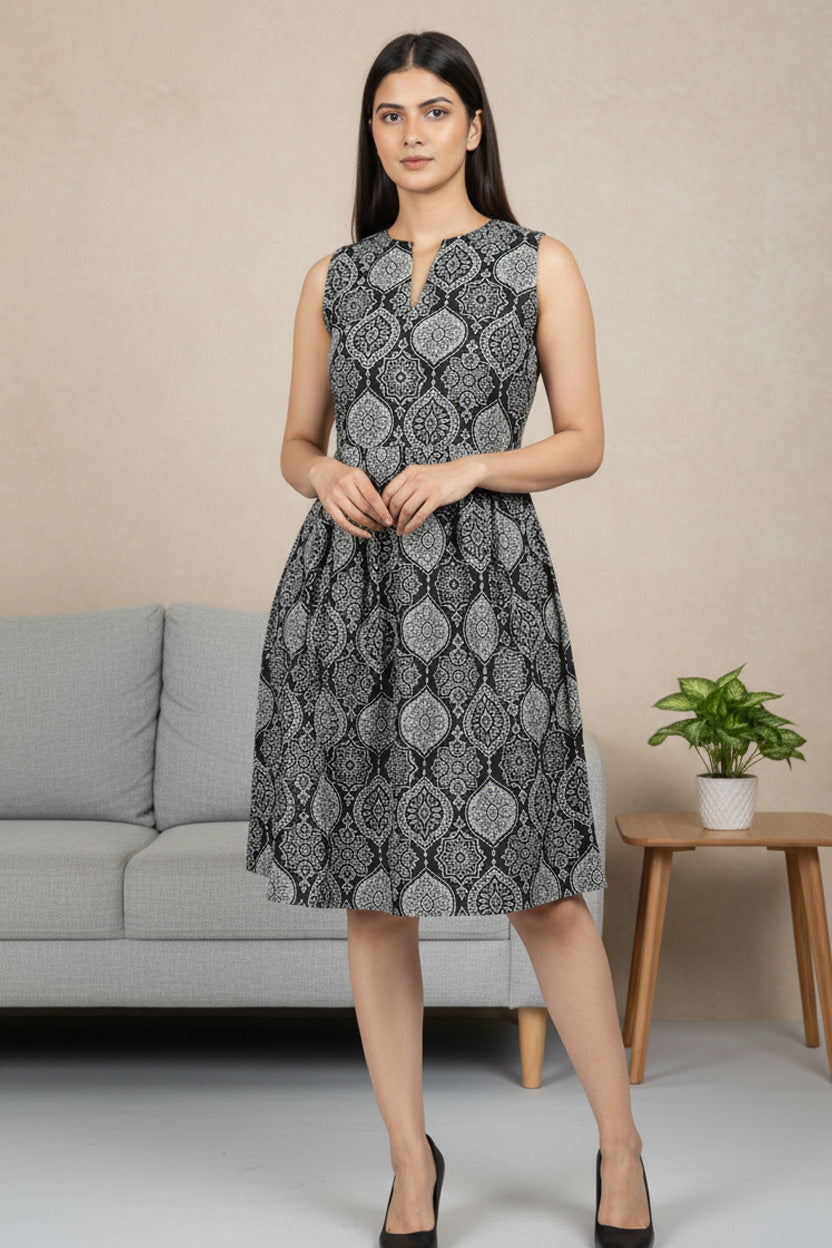 Elegant Black & Grey Printed A-Line Dress