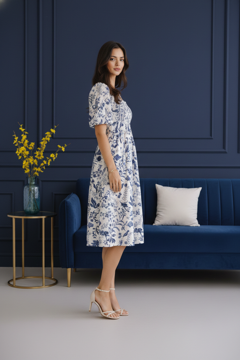 Midnight White Bloom Cotton Midi Dress