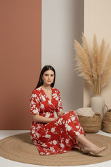 Red Floral Midi Dress