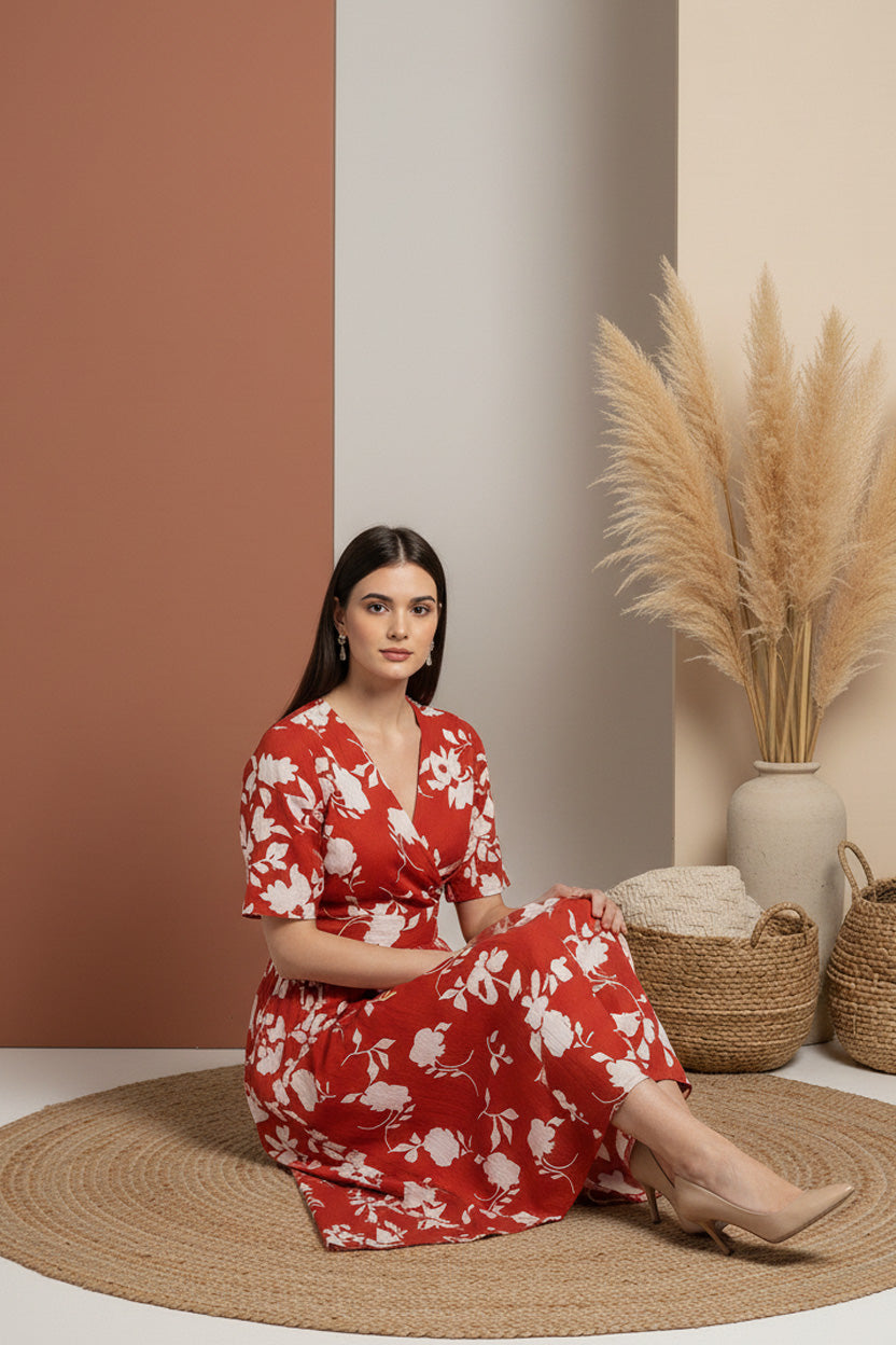 Red Floral Midi Dress