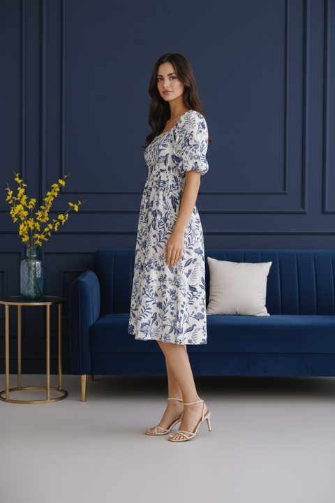 Midnight White Bloom Cotton Midi Dress