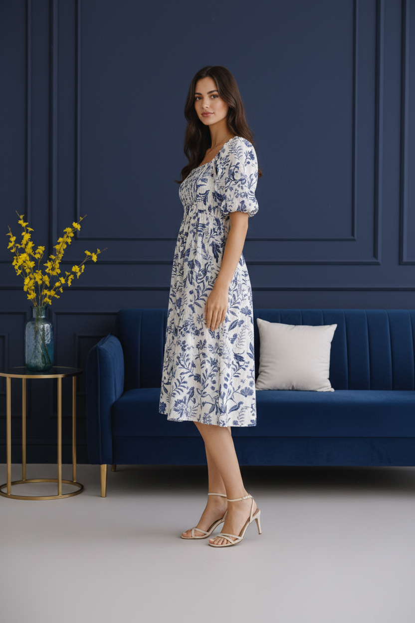 Midnight White Bloom Cotton Midi Dress