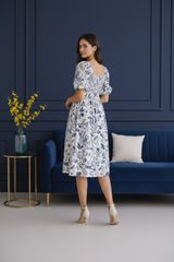 Midnight White Bloom Cotton Midi Dress