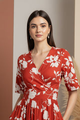 Red Floral Midi Dress