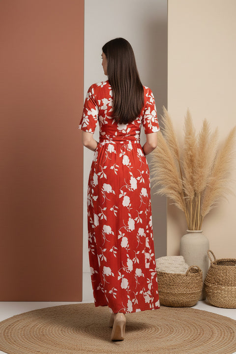 Red Floral Midi Dress