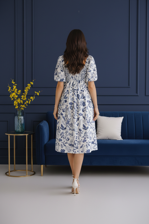 Midnight White Bloom Cotton Midi Dress