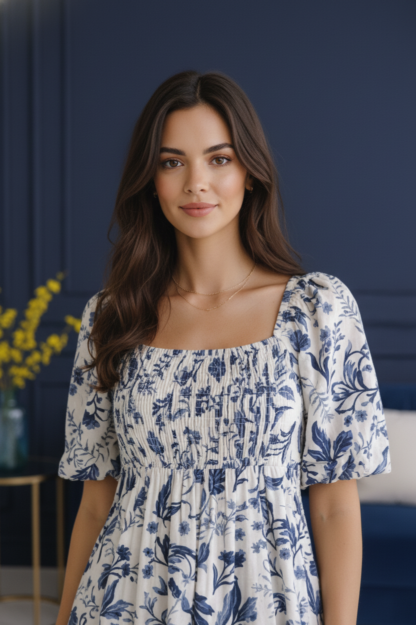 Midnight White Bloom Cotton Midi Dress