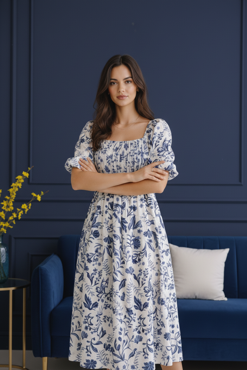 Midnight White Bloom Cotton Midi Dress