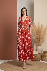 Red Floral Midi Dress