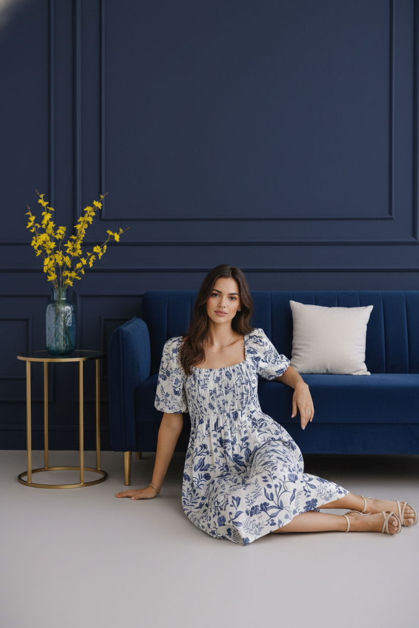 Midnight White Bloom Cotton Midi Dress