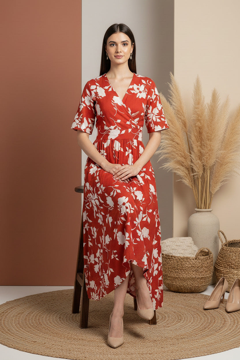 Red Floral Midi Dress
