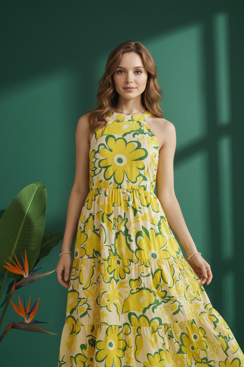 Yellow Floral Maxi Summer Dress