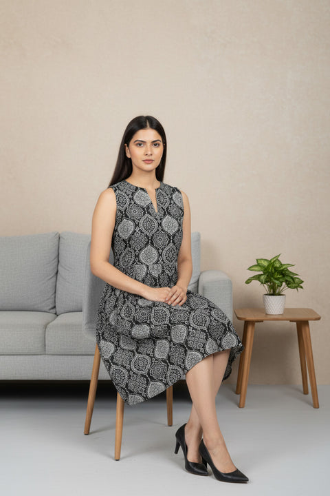 Elegant Black & Grey Printed A-Line Dress